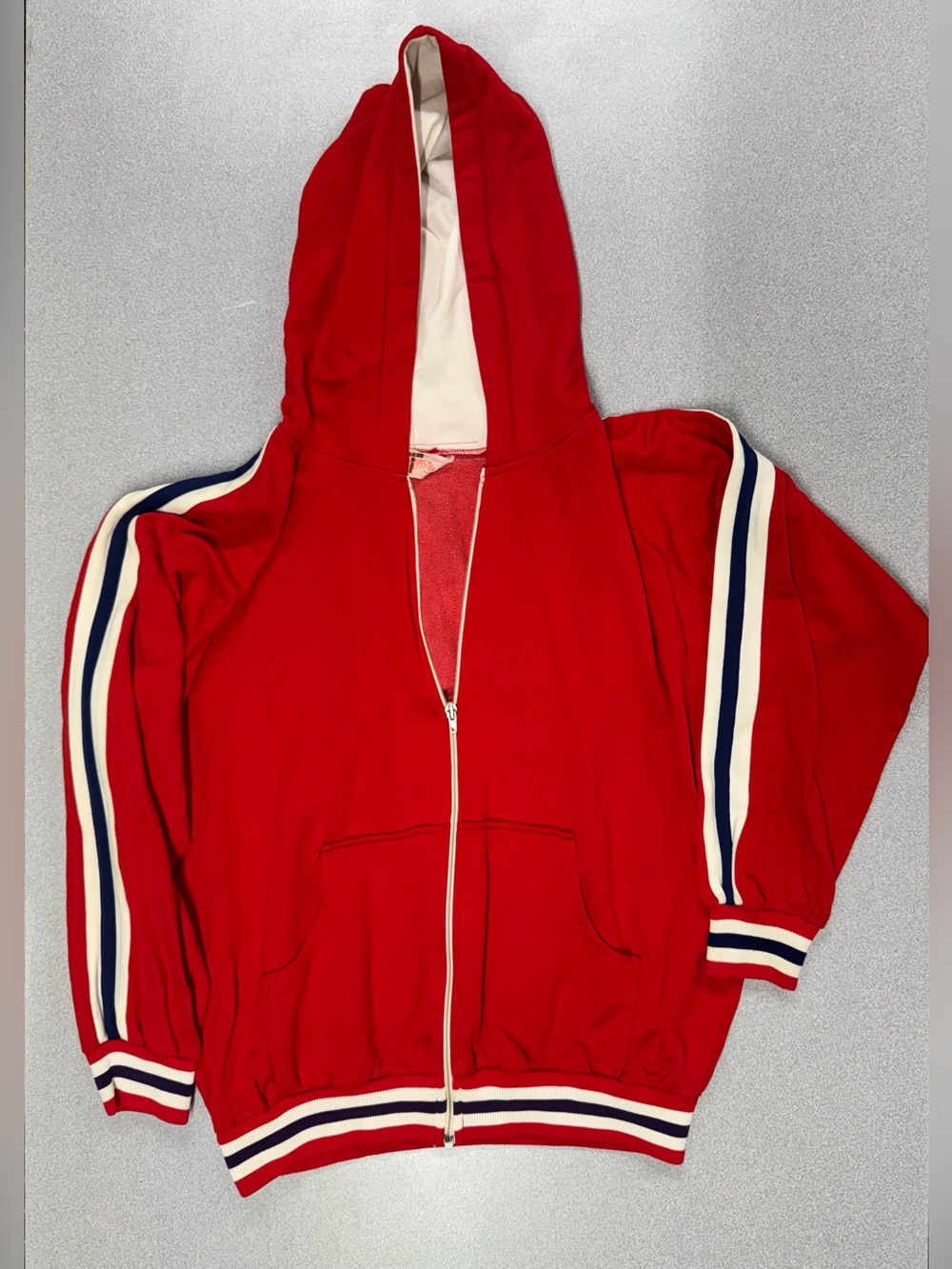 Vintage 1970s TigerMaster Red Hooded Zip-Up Jacket with Navy & Cream Stripe Arm